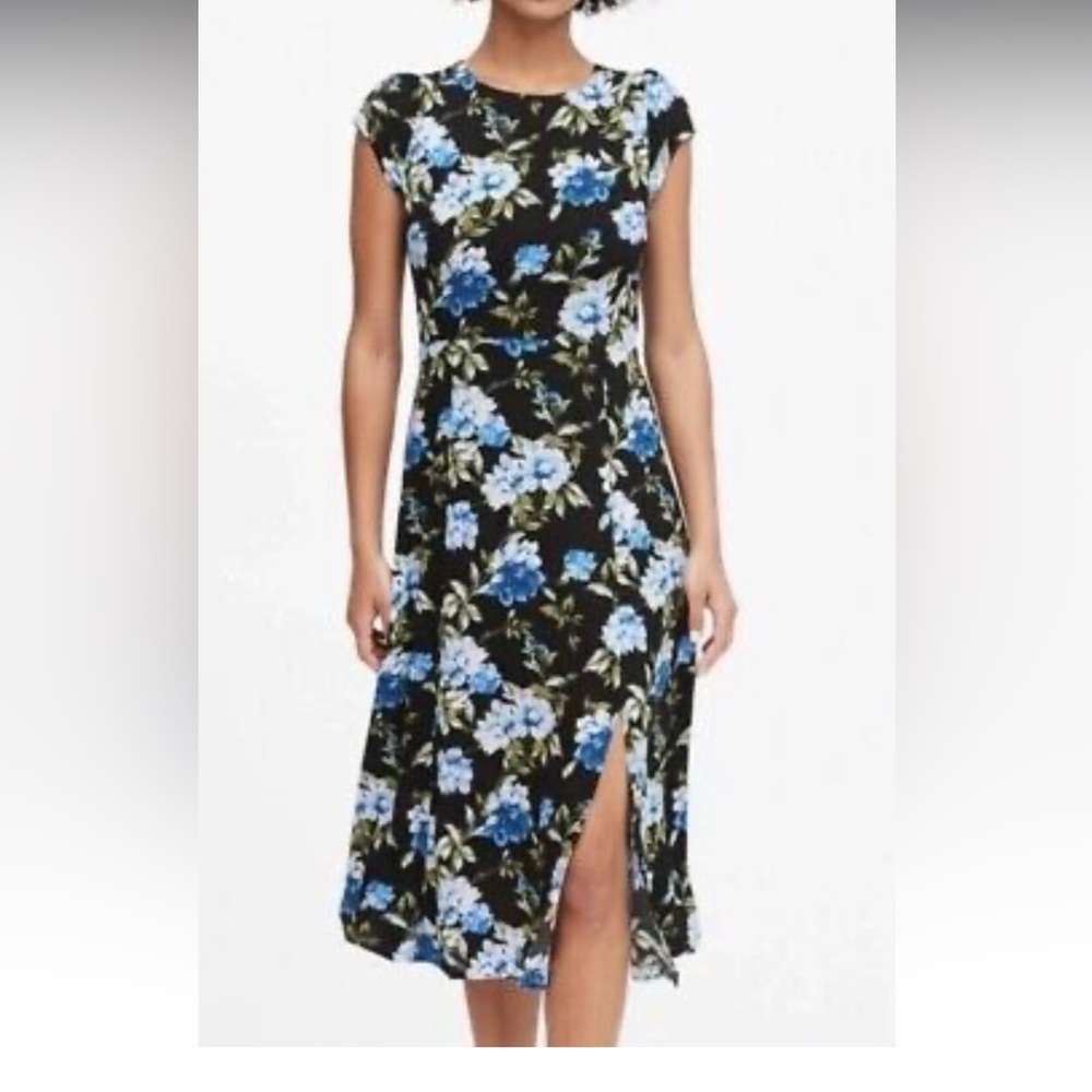 Banana Republic Black Floral Botanical Ecovero Midi  Dress Size 12